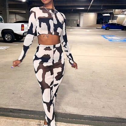 vlovelaw  Allover Print Sheer Two-piece Set, Cropped Long Sleeve Tops & Bag Hip Maxi Skirts Outfits, Women's Clothing