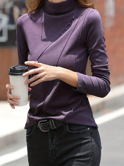 vlovelaw  Button Decor Mock Neck T-Shirt, Versatile Solid Long Sleeve T-Shirt For Spring & Fall, Women's Clothing