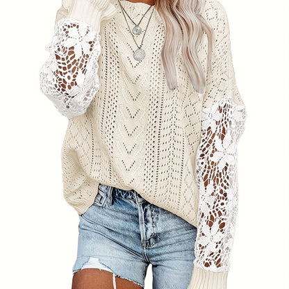vlovelaw Contrast Lace Eyelet Knit Sweater, Casual Crew Neck Long Sleeve Sweater, Women's Clothing