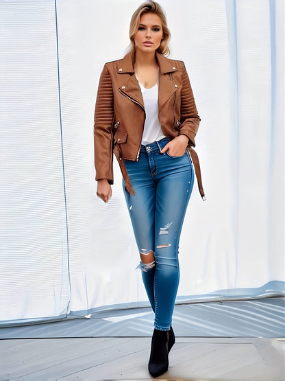 vlovelaw  Solid Leather Biker Jacket, Streetwear Long Sleeve Zipper Outerwear, Women's Clothing