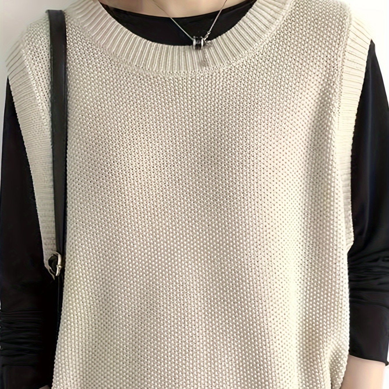 vlovelaw Solid Crew Neck Knitted Vest, Casual Sleeveless Loose Sweater, Women's Clothing