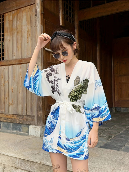 vlovelaw  Wave & Carp Print Japanese Kimono, Casual Open Front Kimono, Women's Clothing