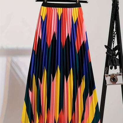 Plus Size Elegant Skirt, Women's Plus Chevron Print Elastic Waist High Rise Pleated Maxi Skirt