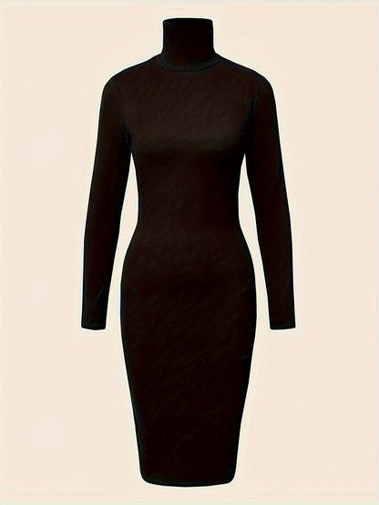 Turtleneck Solid Midi Dress, Elegant Long Sleeve Bodycon Dress, Women's Clothing