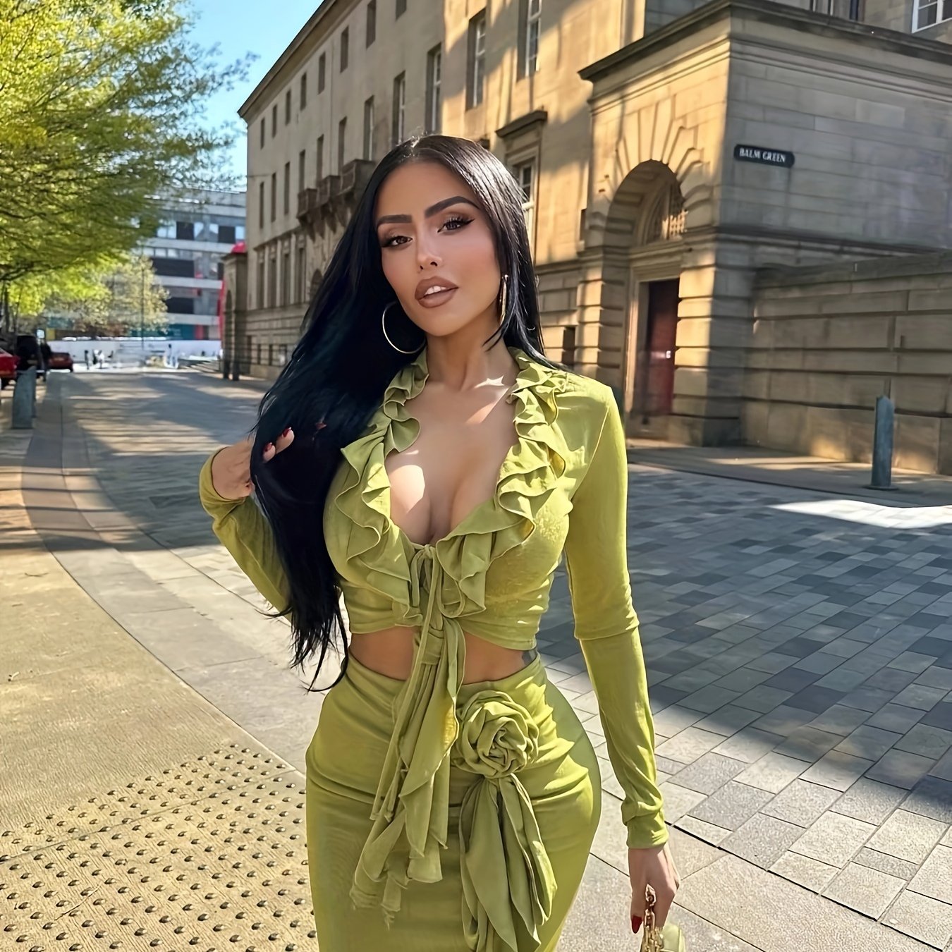 vlovelaw  Sexy Ruffle Trim Slim Skirt Set, Long Sleeve Crop Top & Velvet Bodycon Skirt Outfits, Women's Clothing