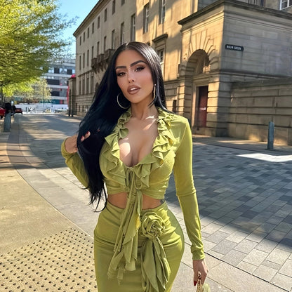 vlovelaw  Sexy Ruffle Trim Slim Skirt Set, Long Sleeve Crop Top & Velvet Bodycon Skirt Outfits, Women's Clothing
