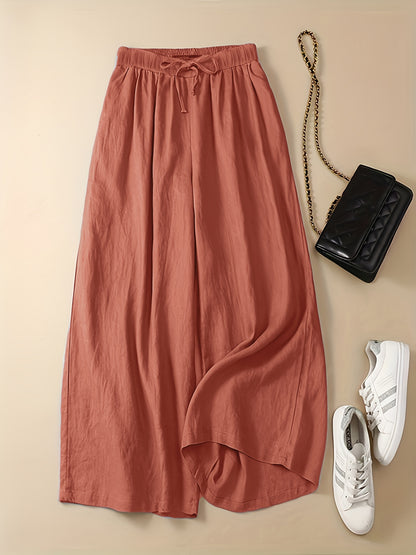 vlovelaw Plus Size Casual Pants, Women's Plus Solid High Waist Drawstring Wide Leg Loose Pants