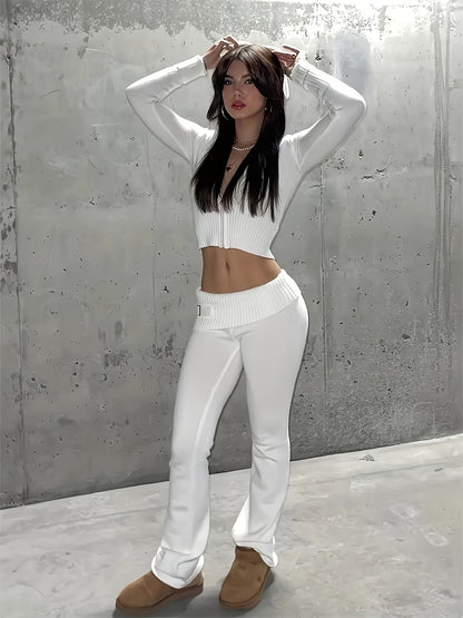 vlovelaw  Solid Knitted Casual Two-piece Set, Zip Up Hooded Crop Top & Pants Outfits, Women's Clothing