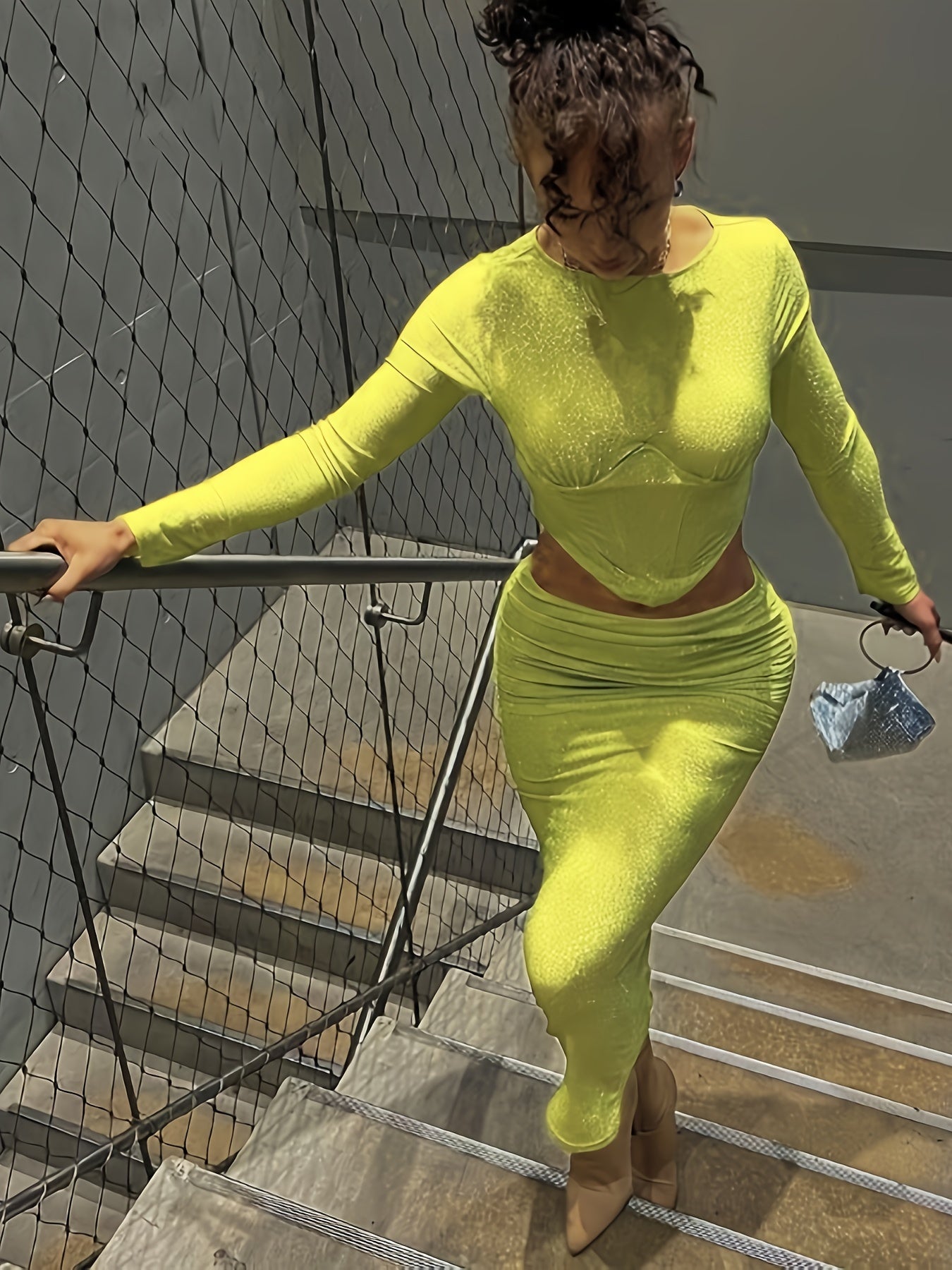 vlovelaw  Solid Color Two-piece Skirt Set, Crew Neck Long Sleeve Top & Skinny Ruched Skirts Outfits, Women's Clothing