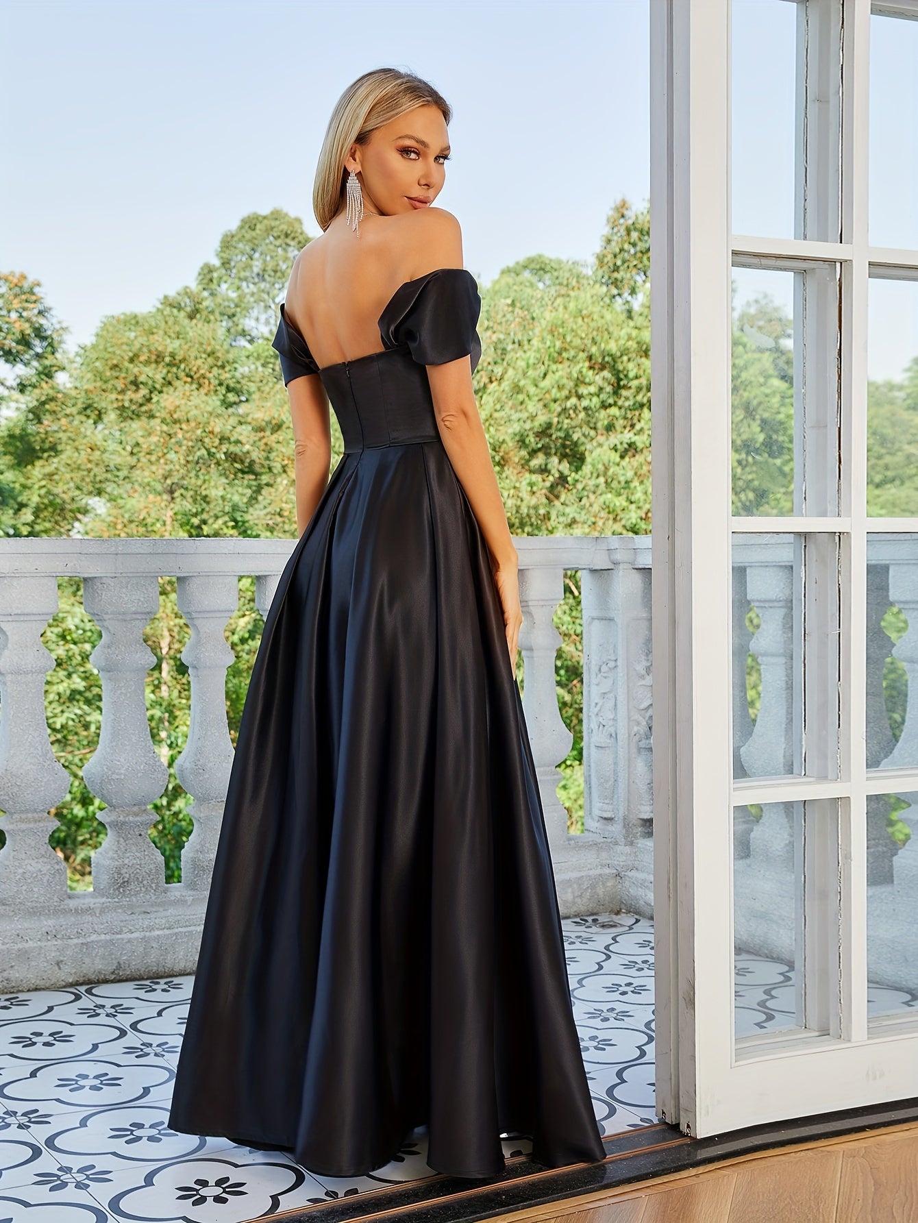 vlovelaw  Solid Off Shoulder Aline Dress, Elegant Ruffle Hem Dress For Wedding Party, Women's Clothing