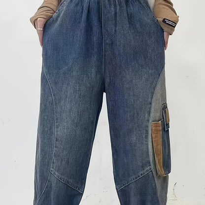 vlovelaw Elastic Waist Versatile Harem Denim Jeans, Loose Fit Slant Pockets Straight Jeans, Women's Denim Jeans & Clothing