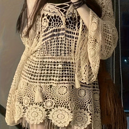 vlovelaw  Floral Pattern Cross Tie Sweater, Versatile Beach Wear Long Sleeve Sweater, Women's Clothing