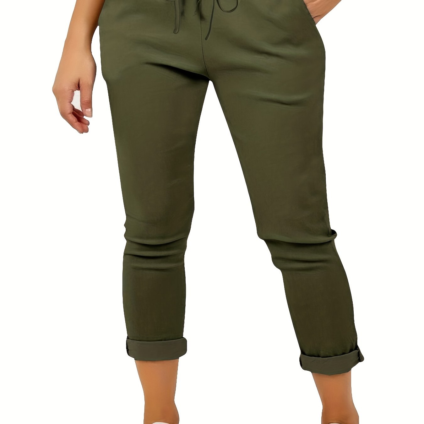 vlovelaw  Plus Size Casual Pants, Women's Plus Solid Drawstring Roll Up Hem Slight Stretch Pants
