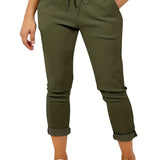vlovelaw  Plus Size Casual Pants, Women's Plus Solid Drawstring Roll Up Hem Slight Stretch Pants