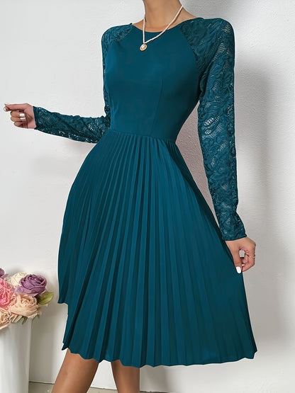 vlovelaw  Lace Long Sleeve Pleat Dress, Elegant Crew Neck Flare Dress, Women's Clothing