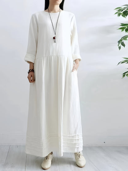 vlovelaw  Solid Plicated Detail Oversized Dress, Long Sleeve Crew Neck Casual Dress, Women's Clothing