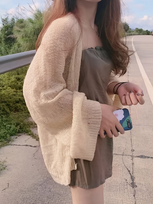 vlovelaw  Solid Open Front Cardigan, Casual Long Sleeve Loose Cardigan For Spring & Summer, Women's Clothing