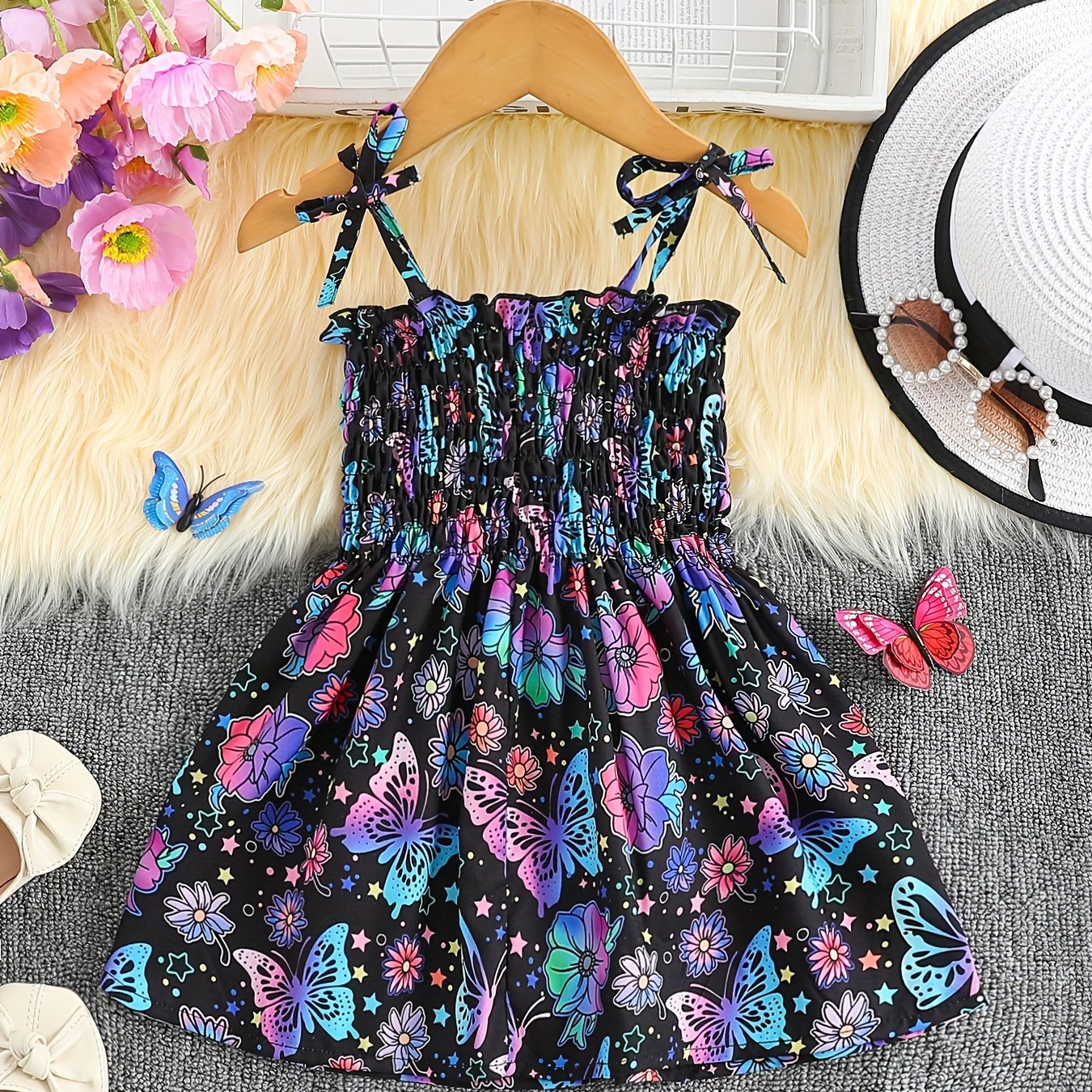 Girls Whimsical Butterfly Print Sundress - Perfect for Warm Weather, Flowy and Lightweight with Adjustable Bowknot Shoulder Ties for All-Day Cool Comfort - Cute and Trendy Design for the Modern Girl