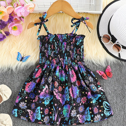 Girls Whimsical Butterfly Print Sundress - Perfect for Warm Weather, Flowy and Lightweight with Adjustable Bowknot Shoulder Ties for All-Day Cool Comfort - Cute and Trendy Design for the Modern Girl