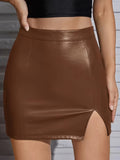 vlovelaw  PU Leather Bodycon Pencil Skirts, Side Split Casual Mini Skirts For Spring, Women's Clothing