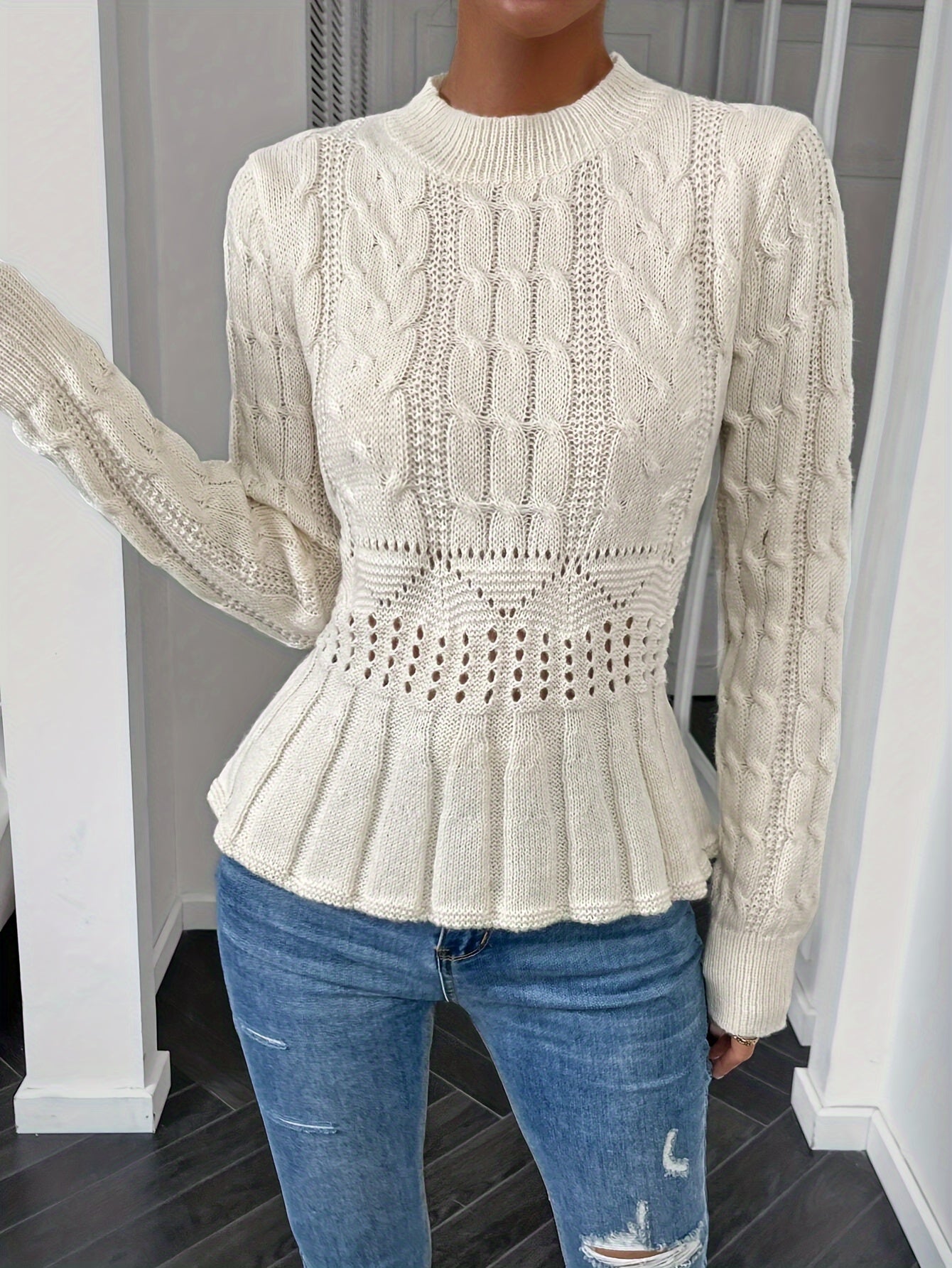 vlovelaw Solid Cable Knit Crew Neck Sweater, Versatile Long Sleeve Hollow Out Sweater For Fall & Winter, Women's Clothing