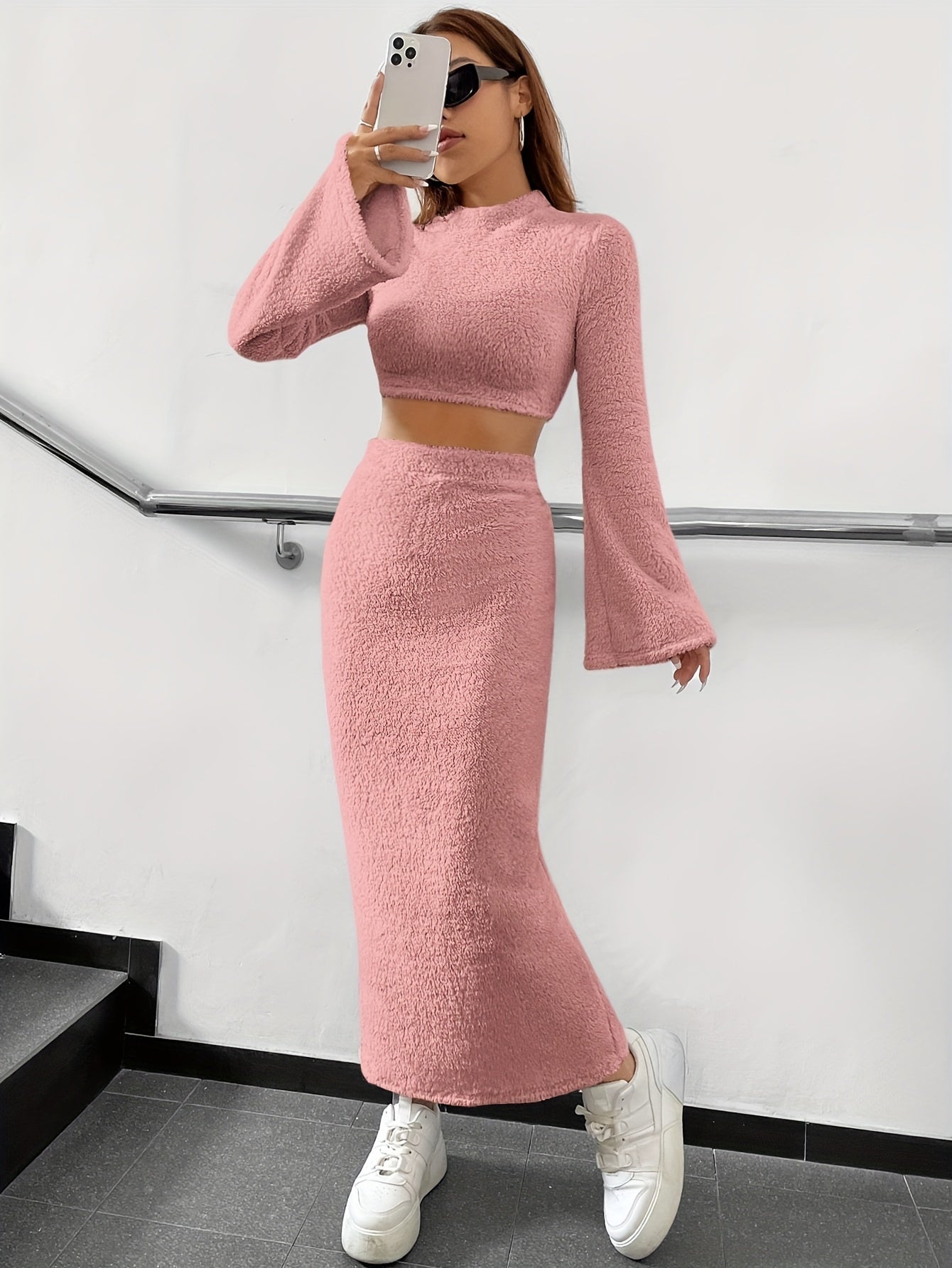 Casual Solid Plush Two-piece Skirt Set, Flare Sleeve Crop Top & Split Hem Skirt Outfits, Women's Clothing