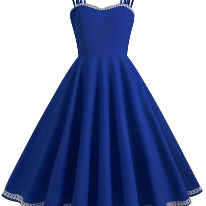 vlovelaw Solid Spaghetti Strap Dress, Vintage A Line Sleeveless Party Dress, Women's Clothing