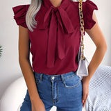 vlovelaw Bow Tie Flutter Sleeve Blouse, Elegant Sleeveless Solid Ruffle Trim Blouse, Women's Clothing