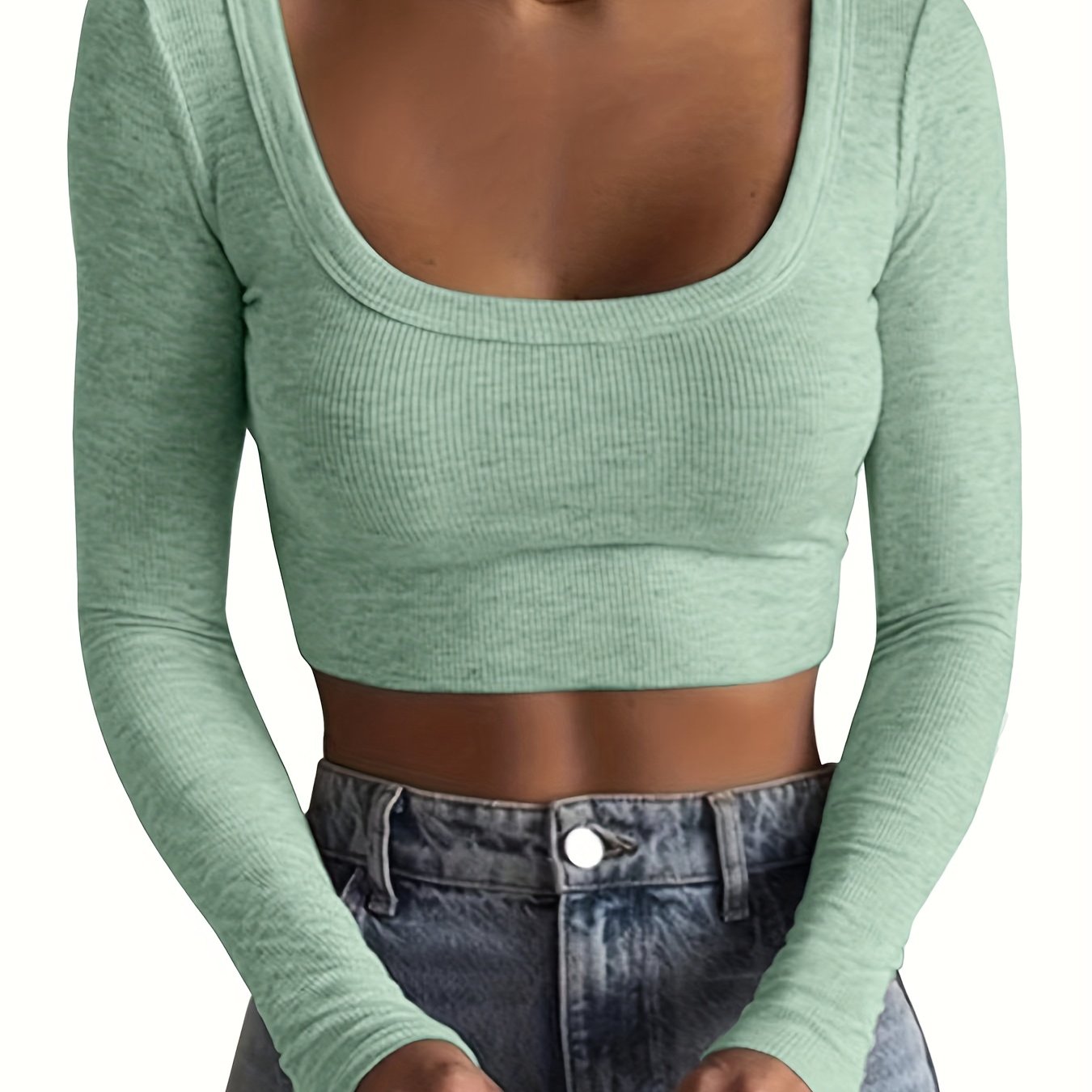 vlovelaw  Scoop Neck Cropped T-shirt, Sexy Solid Long Sleeve Slim T-shirt, Women's Clothing