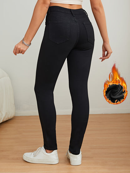 vlovelaw  Fleece Liner Casual Skinny Jeans, Slim Fit Mid-Stretch Keep Warm Tight Jeans, Women's Denim Jeans & Clothing
