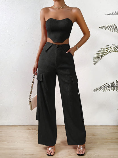 vlovelaw  Solid Color Two-piece Set, Tie Back Tube Top & Button Long Pants Outfits, Women's Clothing