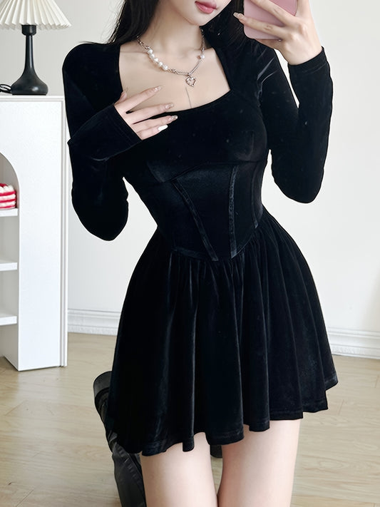 vlovelaw  Square Neck Ruffle Hem Slim Dress, Elegant Long Sleeve Aline Dress For Spring & Fall, Women's Clothing