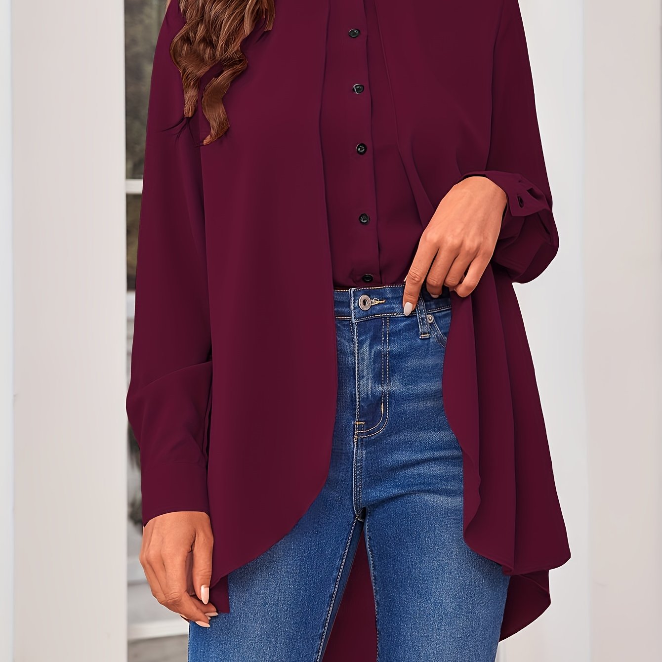 vlovelaw  Solid Button Front Shirt, Casual Crew Neck Cuff Sleeve Shirt For Spring & Fall, Women's Clothing