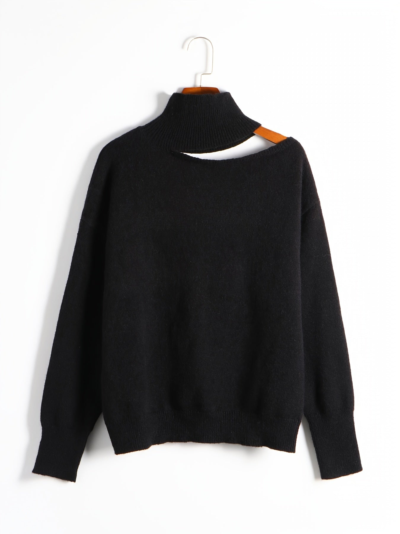 vlovelaw  Cut Out Solid Knit Sweater, Casual High Neck Long Sleeve Sweater, Women's Clothing