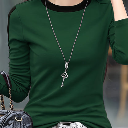 vlovelaw  Color Block Crew Neck T-Shirt, Casual Long Sleeve T-Shirt For Spring & Fall, Women's Clothing