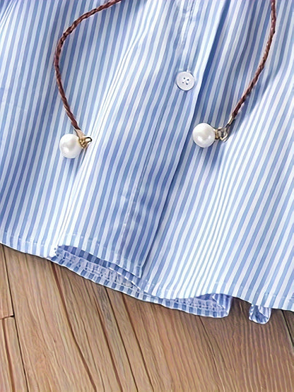 Classic Striped Shirt for Women - Soft Cotton Blend, Relaxed Fit, V-Neckline, Long Sleeves, Casual Wear - Perfect for Daily Life, Work, and Outdoor Activities