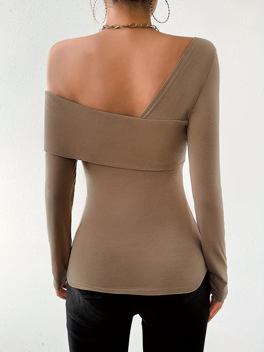 One Shoulder Backless T-shirt, Elegant Long Sleeve Solid T-shirt For Spring & Fall, Women's Clothing