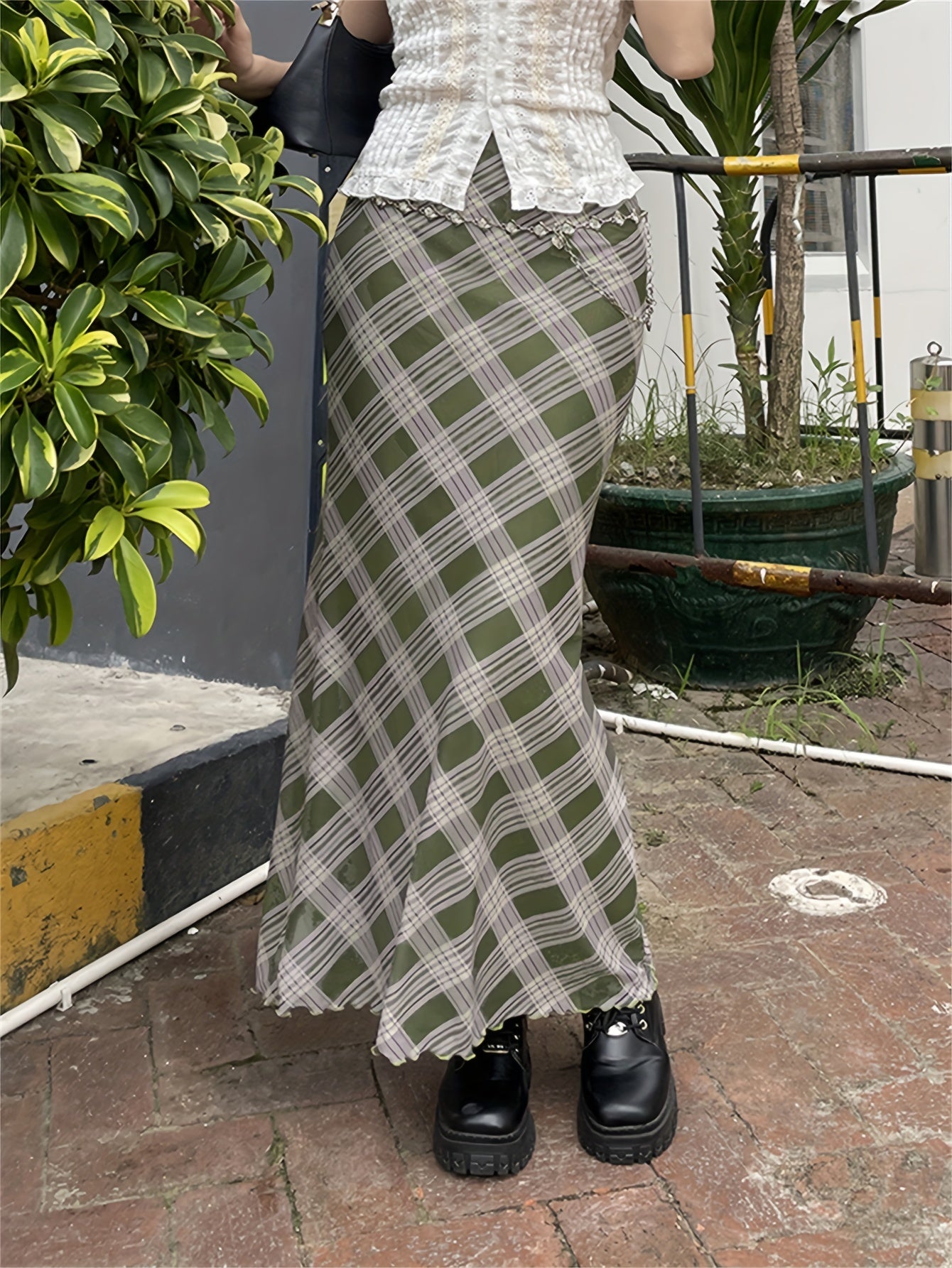vlovelaw  vlovelaw  Plaid Print Lettuce Trim Skirt, Vintage Bodycon Skirt For Spring & Fall, Women's Clothing