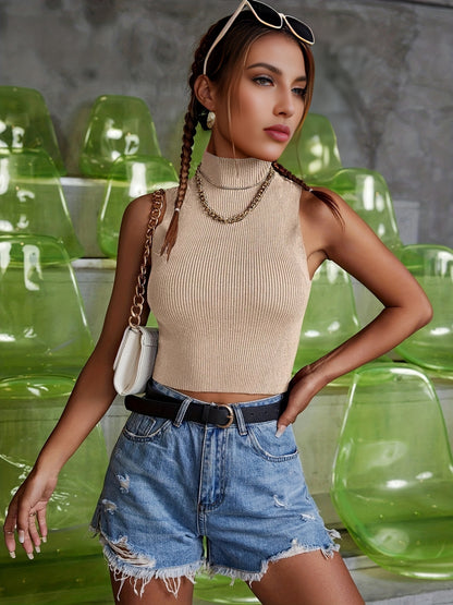 vlovelaw  Solid Turtle Neck Crop Knitted Top, Casual Sleeveless Top For Summer, Women's Clothing