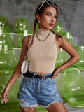 vlovelaw  Solid Turtle Neck Crop Knitted Top, Casual Sleeveless Top For Summer, Women's Clothing
