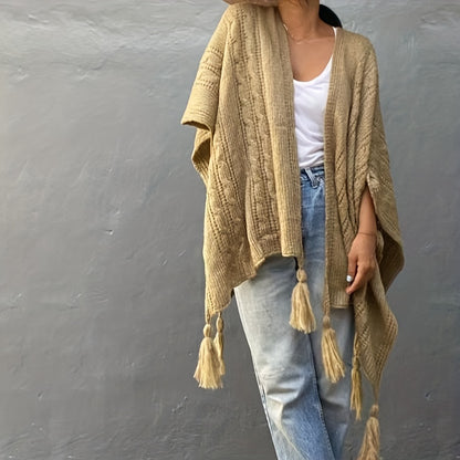 vlovelaw  Ribbed Knitted Tassel Shawl Warm Windproof Wrap Poncho Boho Solid Color Cloak Trendy Sweater Cape Cardigan