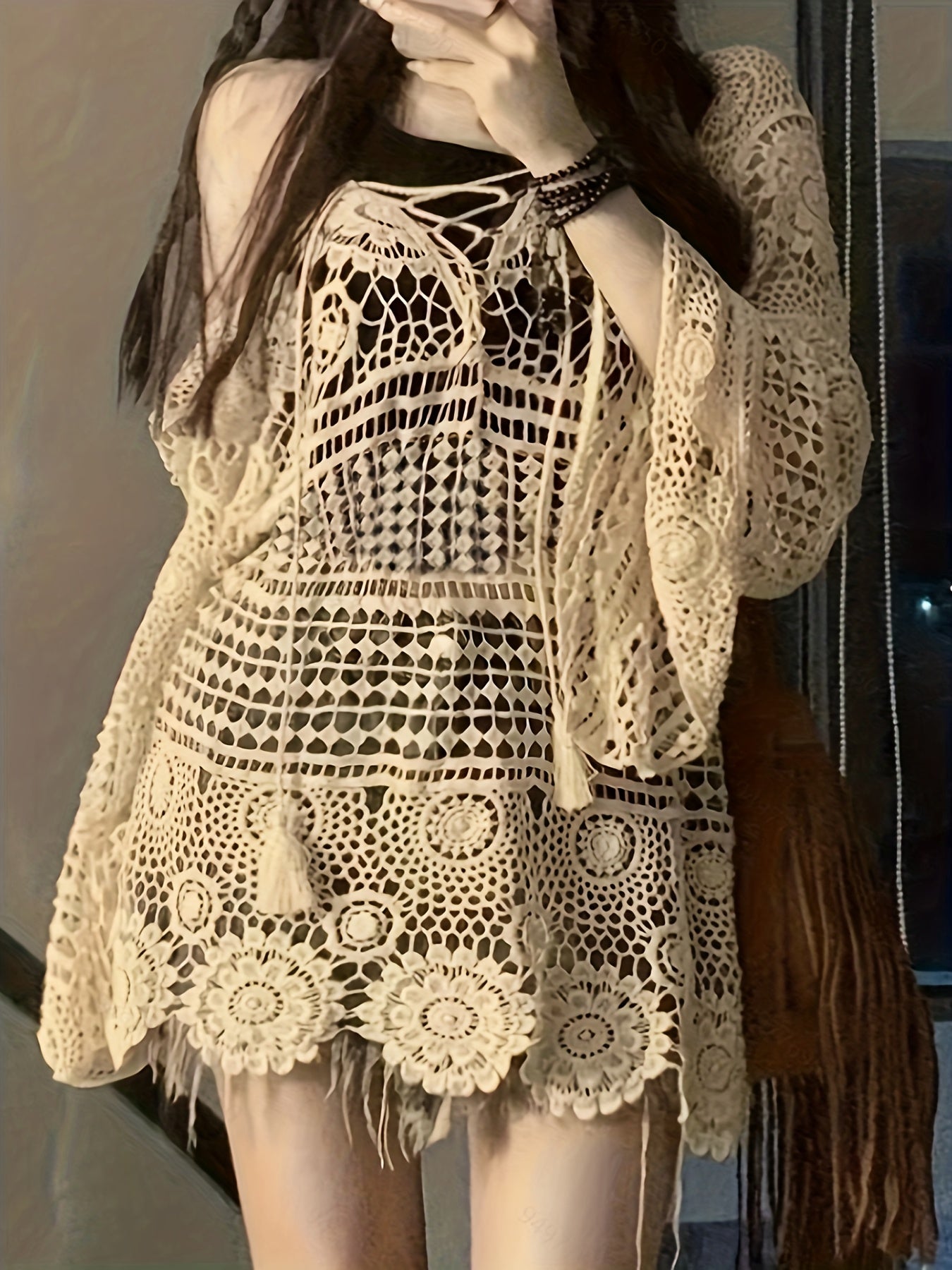 vlovelaw  Floral Pattern Cross Tie Sweater, Versatile Beach Wear Long Sleeve Sweater, Women's Clothing