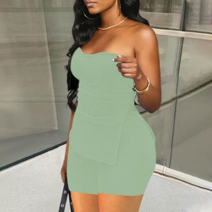vlovelaw Solid Ribbed Two-piece Set, Slit Hem Sleeveless Tube Top & Flare Leg Pants Outfits, Women's Clothing