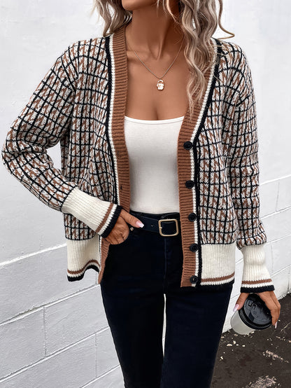 Plaid Pattern Button Knit Cardigan, Vintage V Neck Long Sleeve Sweater, Women's Clothing