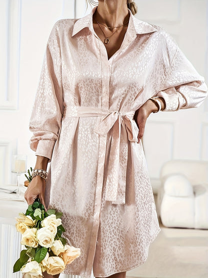 Leopard Pattern Polo Collar Belted Dress, Casual Button Front Long Sleeve Dress, Women's Clothing