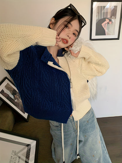 vlovelaw  Color Block Zip Up Knit Cardigan, Casual Long Sleeve Stylish Sweater, Women's Clothing