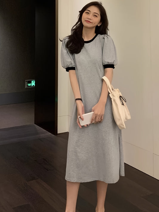 vlovelaw  Contrast Trim Crew Neck Dress, Casual Short Sleeve Dress For Spring & Summer, Women's Clothing