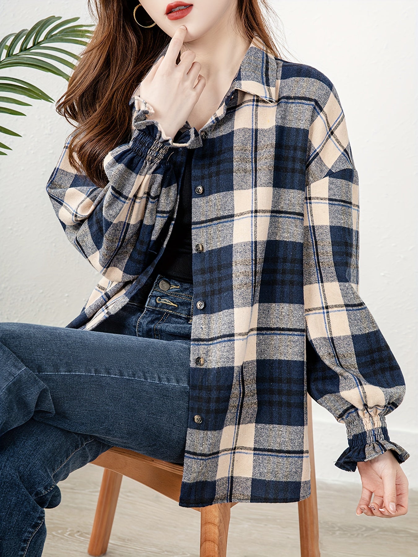 vlovelaw  Plaid Print Button Front Blouse, Casual Long Sleeve Blouse For Spring & Fall, Women's Clothing