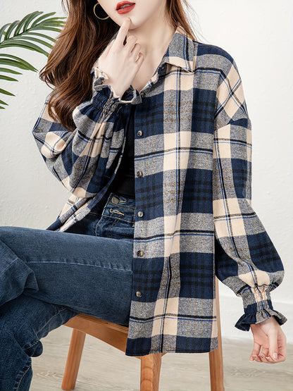 vlovelaw  Plaid Print Button Front Blouse, Casual Long Sleeve Blouse For Spring & Fall, Women's Clothing