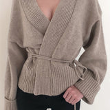 vlovelaw  Solid Open Front Knit Cardigan, Casual Long Sleeve Belted Sweater, Women's Clothing